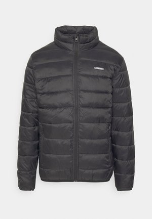 Black puffer jacket with a high collar, horizontal quilted texture, front zip closure, and side pockets. Features a small logo on the chest.
