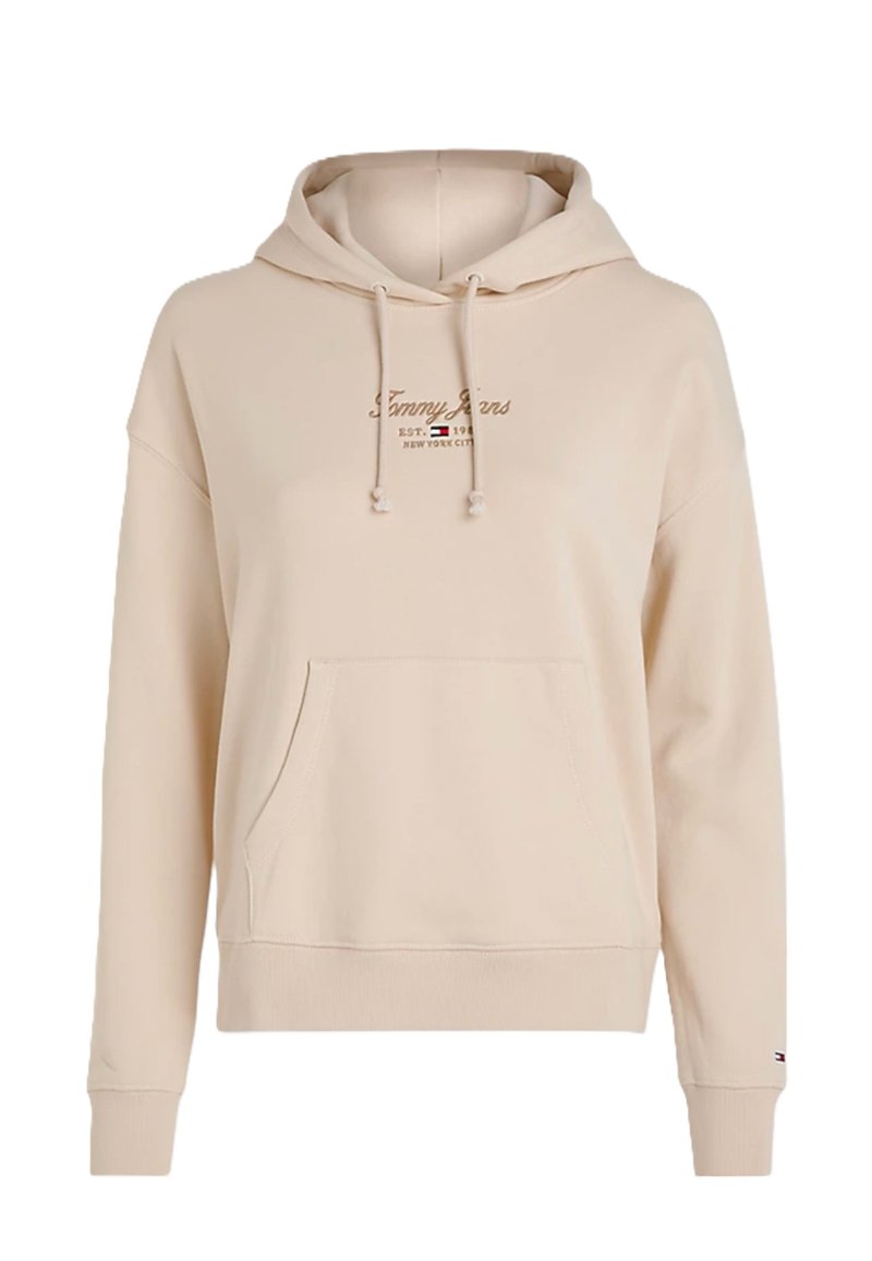 Felpa color crema in un materiale morbido con tasca frontale, cappuccio con coulisse e logo con lettering marrone sopra la tasca.