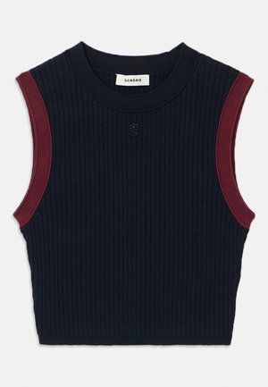 Ribbed sleeveless top in tumma laivastonsininen with burgundy accents on shoulders. Features a round neckline and logo detail at the center.