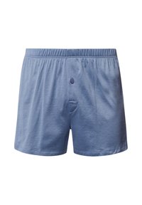 Ljusblå bomullshorts med resårmidja, framknappsstängning och sidofickor. Slät textur med minimala sömnadsdetaljer.