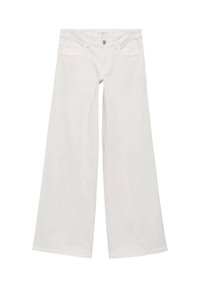 Biele džínsy s voľnými nohavicami vyrobené z denimu, s dvoma prednými vreckami, jedným uzatváraním na gombík a viditeľnými švovými detailmi.