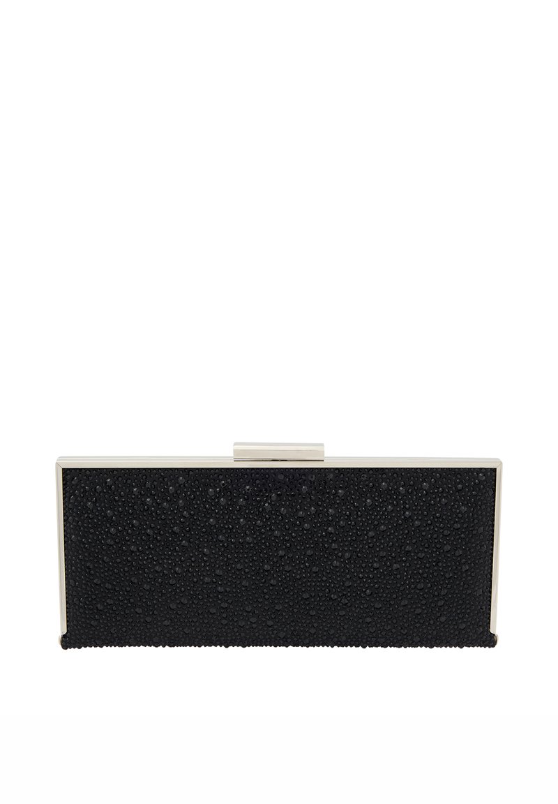 Sort clutch lavet af tekstureret materiale med et prikket mønster. Har en sølvfarvet lås og rektangulær facon. Minimalistisk design.