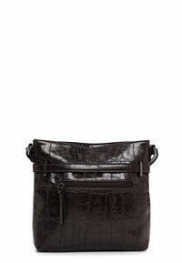 Borsa a mano lucida di colore marrone scuro con texture a coccodrillo, dotata di tasca frontale con zip e tracolla regolabile.
