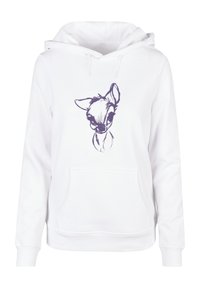 Hvitt hetteplagg med lomme foran, med et lilla skisse av et hjort hode. Stoffet er mykt med ribbestrikkede mansjetter og nederkant.