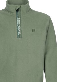 Pullover in pile verde tenue con zip frontale a mezza lunghezza. Presenta un logo sulla striscia della zip e un piccolo emblema sul petto. Tessuto morbido.