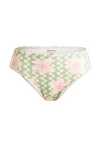 Roxy bikiny nohavičky v zelenej farbe s vlnitým bielym vzorom a veľkými ružovými hibiskusovými kvetmi. Vyrobené z elastického plaveckého materiálu s pohodlným pásom.