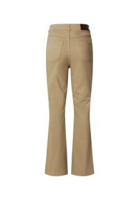 Beige utsvängda byxor med en slät textur, med två bakfickor och en brun läderlapp vid midjan.