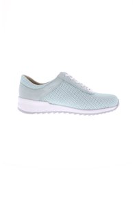 Helle blaue Netzsneaker mit weißen Akzenten, ausgestattet mit einer glatten Ferse, Schnürverschluss und einer strukturierten Gummisohle.