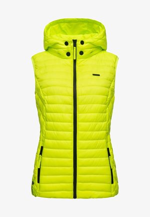 Chaleco acolchado sin mangas de color amarillo neón con capucha, cremallera frontal, botones a presión en el cuello y dos bolsillos laterales con cremallera.