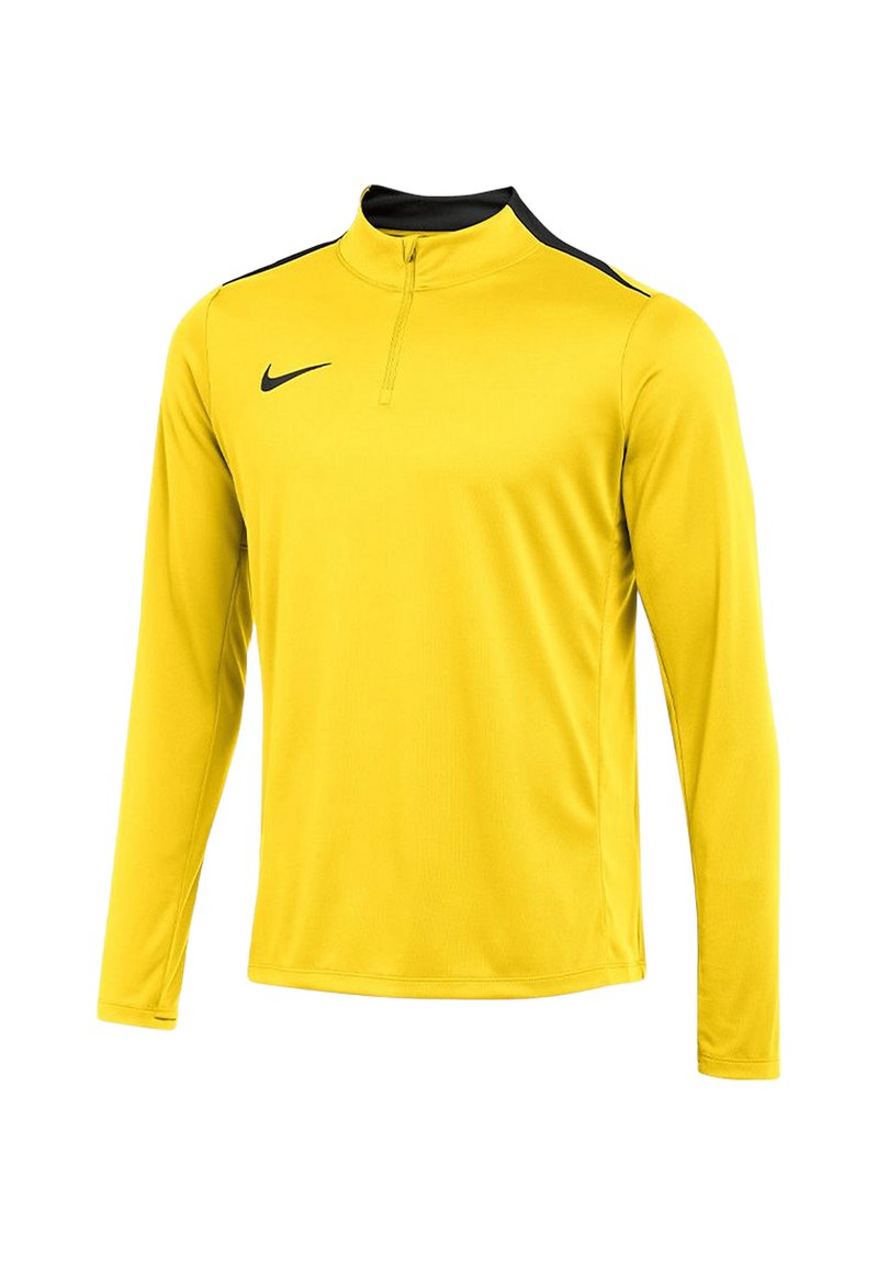 Maglietta atletica gialla a maniche lunghe con colletto a mezza zip, accenti neri sulle spalle e logo Nike sul lato sinistro del petto. Tessuto liscio e leggero.