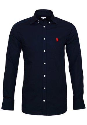 Herren Navyblaues Hemd mit Knopfleiste, klassischem Kragen und kleinem roten gesticktem Logo auf der linken Brustseite.