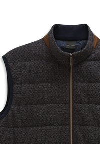 Marineblauer, gestepptes West mit hohem Kragen, braunen Schulterakzenten und einem Frontreißverschluss. Der strukturierte Stoff zeigt ein dezentes Diamantmuster.