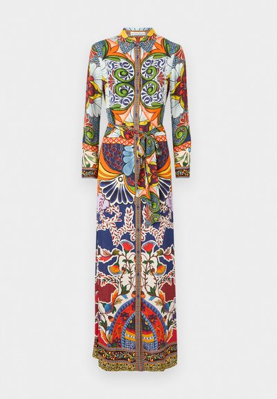 Rochie maxi cu guler și mâneci lungi. Prezintă un model vibrant, cu flori multicolore și forme geometrice. Accent de talie legată și închidere cu fermoar.