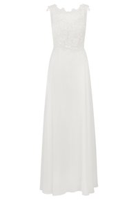 Robe blanche sans manches avec un corsage en dentelle florale et une jupe fluide. Présente un décolleté à bords festonnés et un tissu lisse et léger.