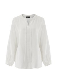 Blusa in lino bianco con scollo tondo, patta parziale e maniche lunghe e ampie raccolte ai polsi. Textura liscia, design minimal.