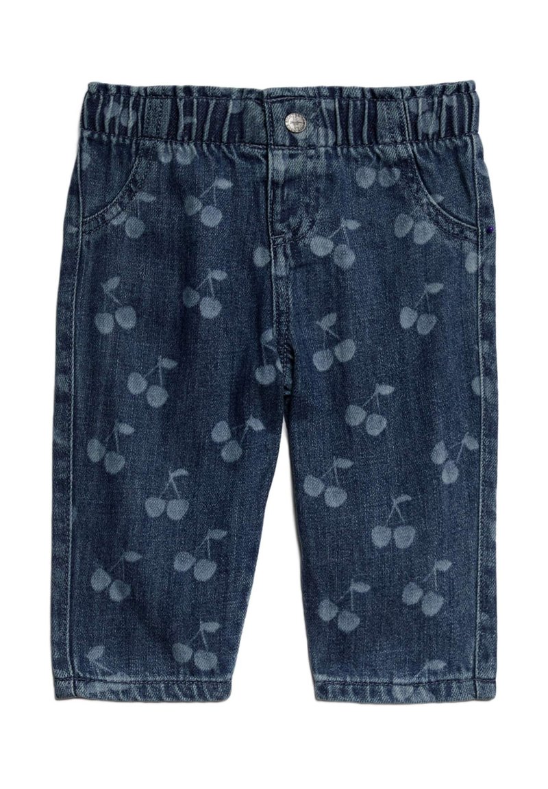 Pantalones de mezclilla en azul oscuro con un patrón de cerezas. Cuentan con una cintura elástica y dos bolsillos frontales. Tejido duradero con un acabado texturizado.