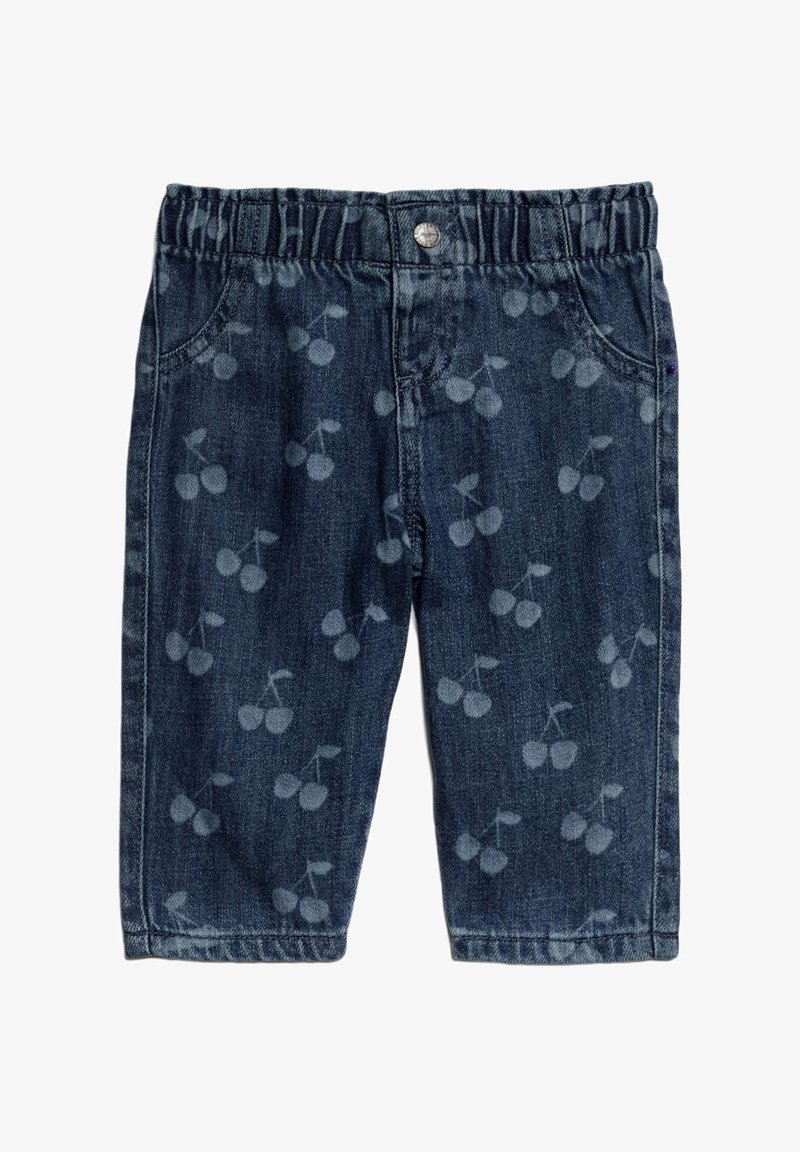 Pantalon en denim bleu foncé avec un motif de cerises. Dispose d'une taille élastique et de deux poches avant. Tissu durable avec une finition texturée.