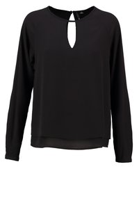 Blusa nera a maniche lunghe con scollatura a chiave, realizzata in tessuto leggero, con orlo leggermente curvo e sottili spacco laterali.