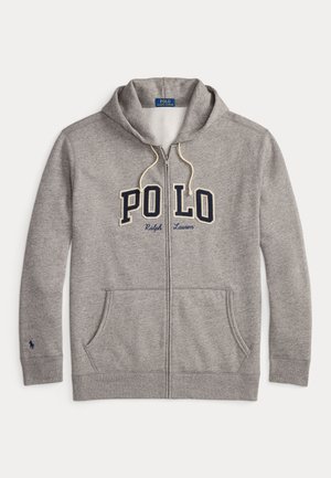 Grå zip-up hoodie i bomullsblandning. Har dragsko i huvan, framfickor, stort "POLO"-logotyp i marinblått och liten polo-spelare emblem på ärmen.