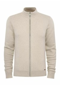 Jasno beżowy sweter na zamek z wysokim kołnierzem, z żeberkowymi ściągaczami na rękawach i u dołu, wykonany z miękkiego materiału, z kontrastowym detalem zamka.