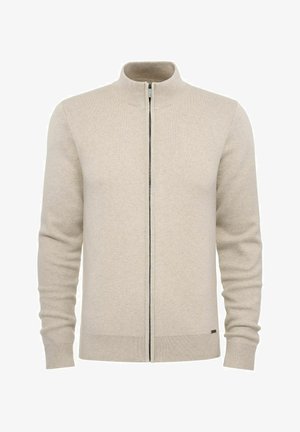 Jasno beżowy sweter na zamek z wysokim kołnierzem, z żeberkowymi ściągaczami na rękawach i u dołu, wykonany z miękkiego materiału, z kontrastowym detalem zamka.