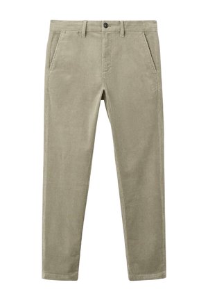 Męskie spodnie sztruksowe w jasnym oliwkowym kolorze z zapięciem na guzik, szlufkami na pasek i przednimi bocznymi kieszeniami.