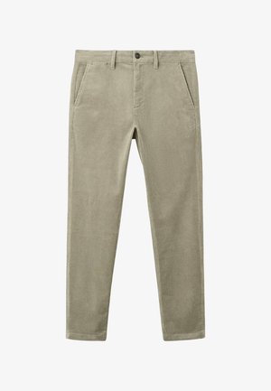 Męskie spodnie sztruksowe w jasnym oliwkowym kolorze z zapięciem na guzik, szlufkami na pasek i przednimi bocznymi kieszeniami.