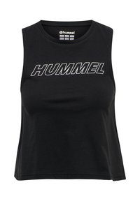 Sort ærmeløs crop top med rund hals og fedt hvidt "HUMMEL" logo over brystet.
