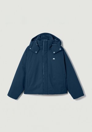 Marineblauw geïsoleerd jack met capuchon, voorzien van een voorrits, knoopsluiting en gestreepte voering. Inclusief twee zijzakken.