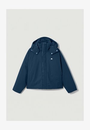 Marineblauw geïsoleerd jack met capuchon, voorzien van een voorrits, knoopsluiting en gestreepte voering. Inclusief twee zijzakken.