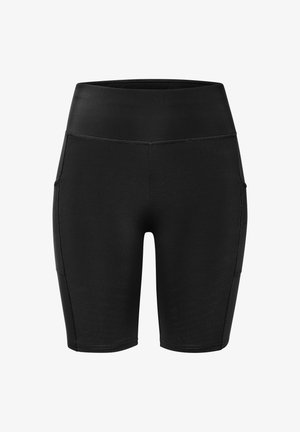 Zwarte sportshorts gemaakt van rekbaar materiaal, met een hoge tailleband en zijzakken. Glad oppervlak met minimale stikseldetails.