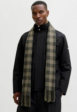 Man wearing a black jacket and green plaid scarf with fringes, standing against a plain neutral background.