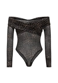 Leopardprint off-shoulder lange mouw doorzichtig bodysuit met een gedraaide voorkant en een aansluitende silhoutte.