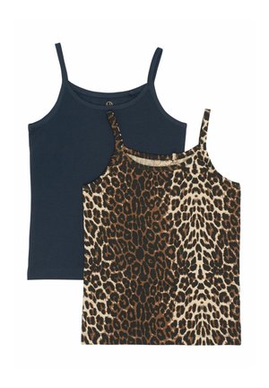 Twee tanktops: de ene is effen marineblauw, de andere heeft een luipaardprint met een beige achtergrond. Beide hebben dunne schouderbanden en een aansluitend ontwerp.