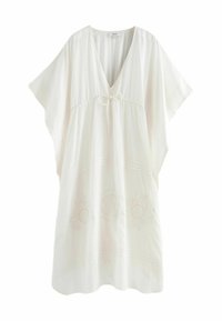 Witte kaftan jurk van lichte stof, met een diepe V-hals, korte mouwen, een verstelbare taille en geborduurde bloemenpatronen aan de zoom.