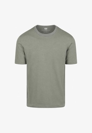 Effen grijs katoenen T-shirt met korte mouwen en een ronde hals, afgebeeld op een witte achtergrond.