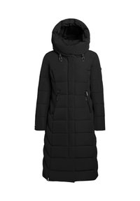 Black padded coat with a high collar, two front zip pockets, textured panels, and a concealed zipper. Designed for warmth and coverage.