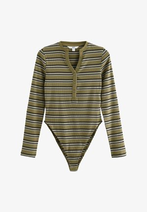 Dlhý rukáv body v olivovo zelenej farbe s bielymi a čiernymi pruhmi, so zapínaním na gombík na krku a tangovými nohavičkami s bočným zapínaním.