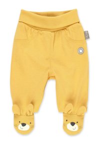 Gele katoenen peuterbibriezen met een elastische tailleband, zijzakken en dierengezichtdetails op de voeten met oren en snorharen.