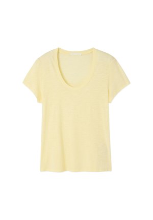 T-shirt giallo chiaro a maniche corte con scollo a U, mostrata distesa senza motivi o loghi visibili.