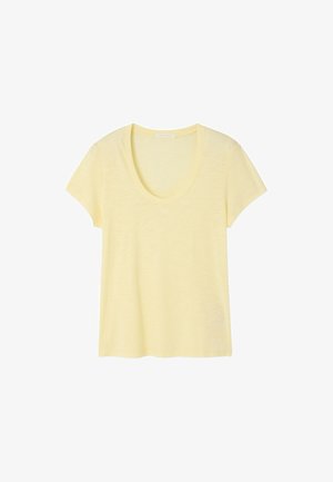 Light yellow, short-sleeve T-shirt with a scoop neckline, displayed flat with no visible patterns or logos.