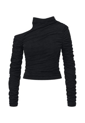 Top nero a maniche lunghe arricciato con collo alto e ritaglio asimmetrico sulla spalla sinistra, silhouette aderente e dettagli in tessuto raccolto.