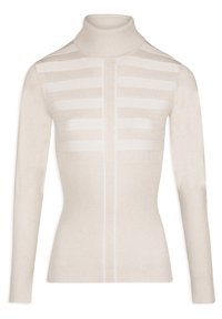 Roomkleurige coltrui met verticale en horizontale geribbelde patronen, aangesloten pasvorm en zachte textuur. Kenmerkend tweekleurig design.