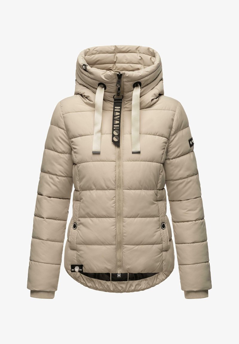 Giacca imbottita beige con colletto alto, zip frontale, coulisse a contrasto e tasche laterali. Presenta un motivo trapuntato orizzontale e dettagli con logo.
