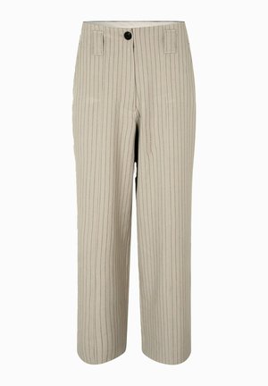 Jasnobeżowe spodnie w prążki o luźnym kroju. Posiadają pas ze szlufkami, przednie zapięcie na guzik oraz dwie kieszenie.