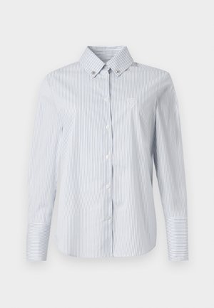 Light blue and white striped button-up shirt with a pointed collar, long sleeves, and a small embroidered logo on the chest.