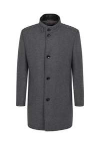 Grauer Wollmantel mit Stehkragen, vorderem Knopfverschluss und zwei seitlichen Taschen. Verfügt über ein glattes Innenfutter und ein elegantes Design.