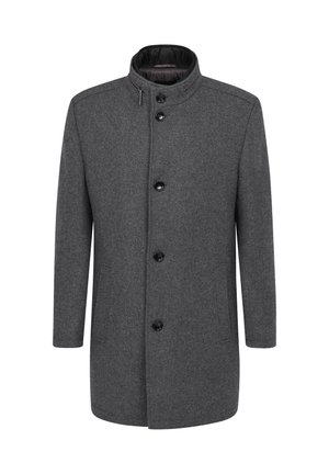 Grauer Wollmantel mit Stehkragen, vorderem Knopfverschluss und zwei seitlichen Taschen. Verfügt über ein glattes Innenfutter und ein elegantes Design.