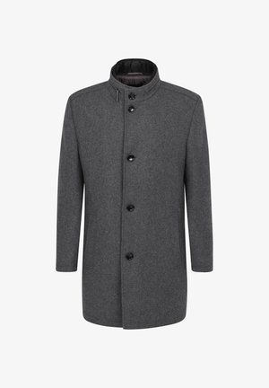 Grauer Wollmantel mit Stehkragen, vorderem Knopfverschluss und zwei seitlichen Taschen. Verfügt über ein glattes Innenfutter und ein elegantes Design.