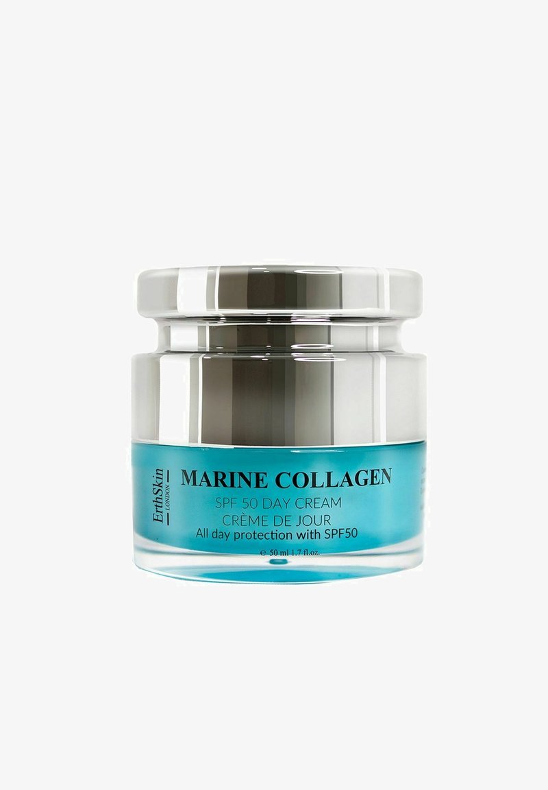 Marine collagen day cream jar with SPF 50, blue lower half and reflective silver lid, labeled for all-day sun protection, 50 ml.